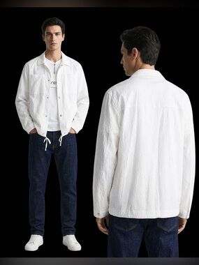 ZARA Men’s White Lightweight Textured Coach Jacket